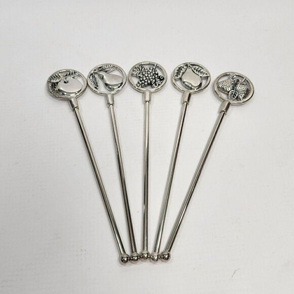 5pc Godinger 7" Silverplate Vintage Drink Stirrers Swizzle Sticks Picks Fruit - Picture 1 of 6